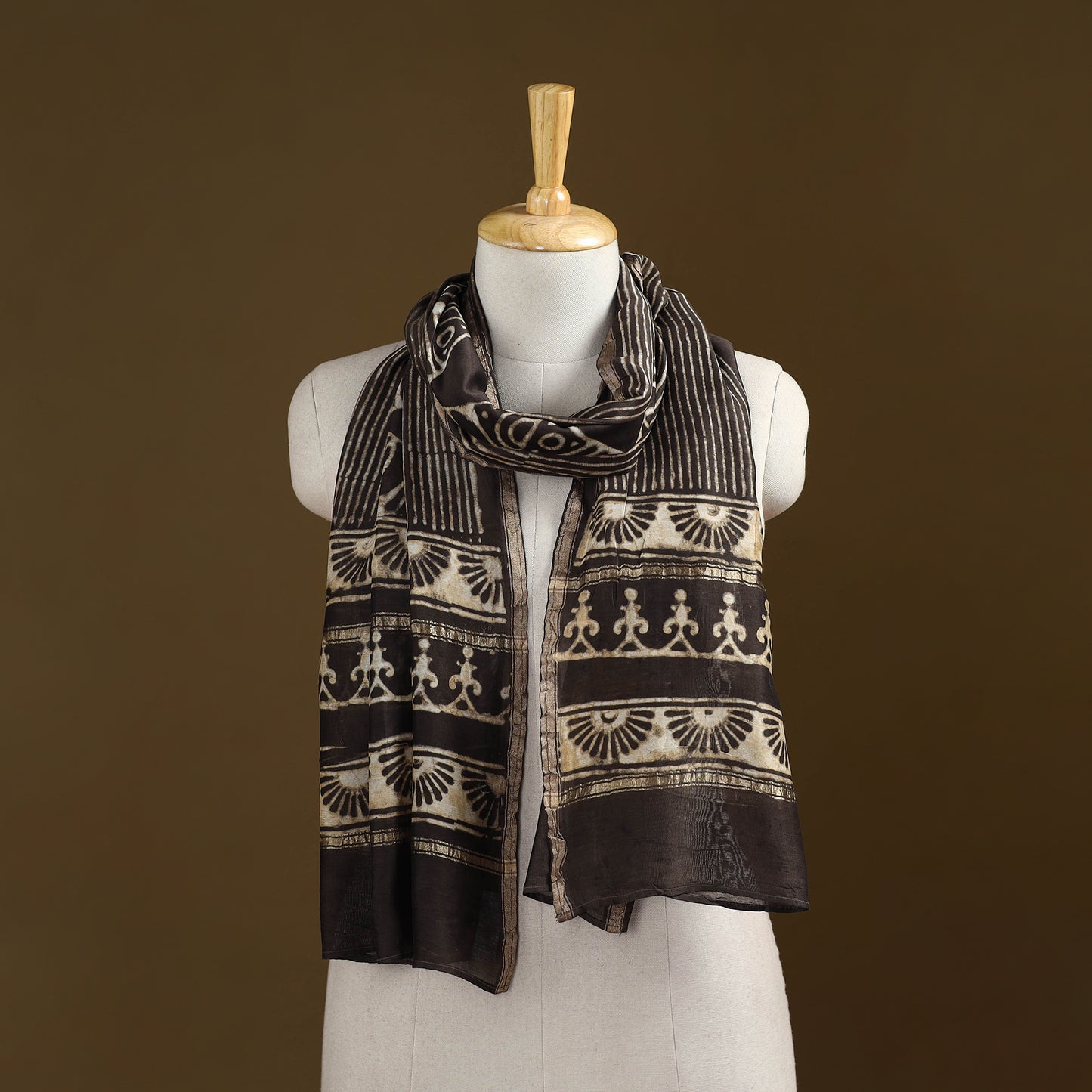 Brown - Pipad Hand Block Print Natural Dyed Chanderi Silk Handloom Stole 59