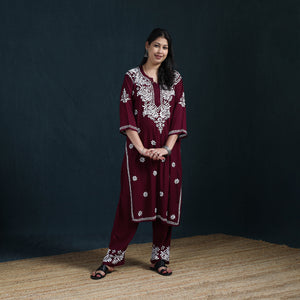 Maroon - Hand Embroidered Rayon Chikankari Kurta with Pant Set for Women 09