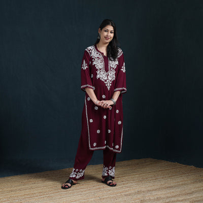 Maroon - Hand Embroidered Rayon Chikankari Kurta with Pant Set for Women 09