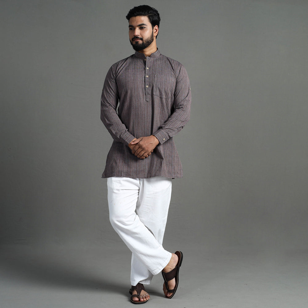 Brown - Handloom Cotton Stripe Men Short Kurta