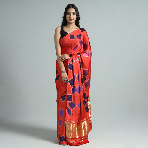 Red - Shibori Clamp Dyed Modal Silk Saree with Zari Border 03