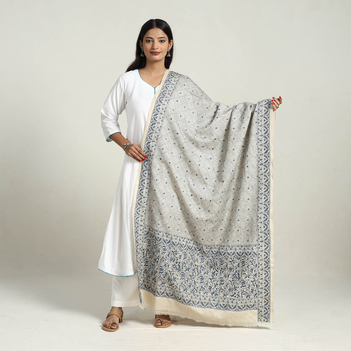 Grey - Handloom Tussar Silk Bengal Kantha Embroidery Dupatta 37