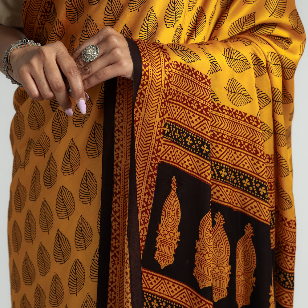 Yellow - Bagh Hand Block Printed Modal Silk Saree