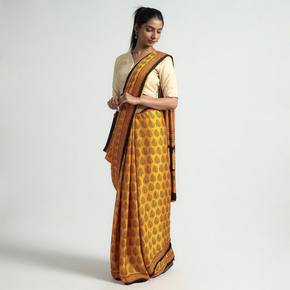 Yellow - Bagh Hand Block Printed Modal Silk Saree