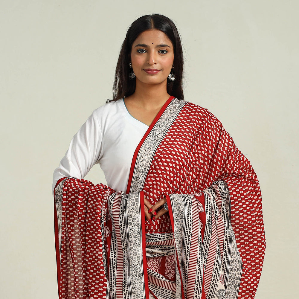 Red - Hand Block Print Cotton Bagh Dupatta 12