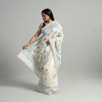 White - Handcrafted Bengal Nakshi Kantha Work Silk Saree 03