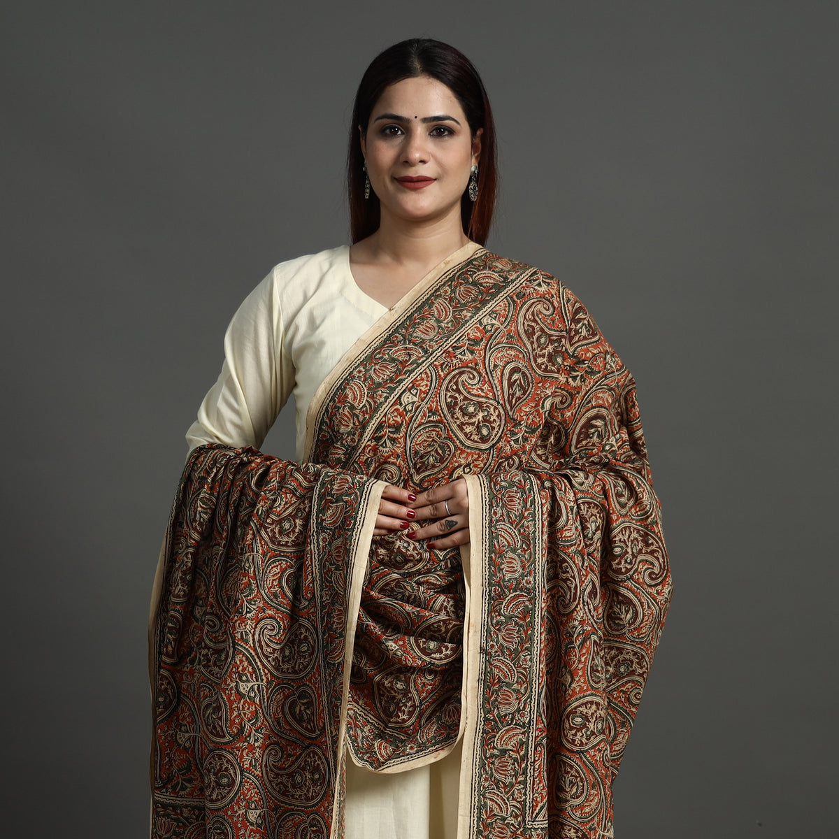 Orange - Pedana Kalamkari Block Printed Cotton Dupatta 169