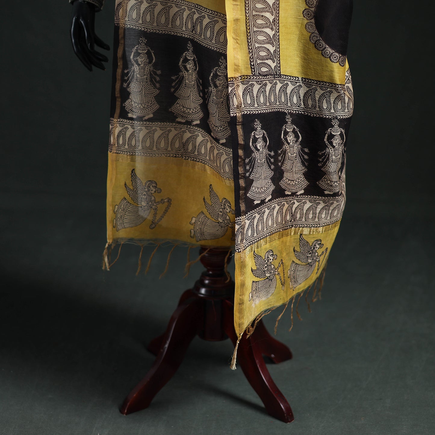 Yellow - Mata Ni Pachedi Handpainted Natural Dyed Chanderi Silk Handloom Dupatta 13