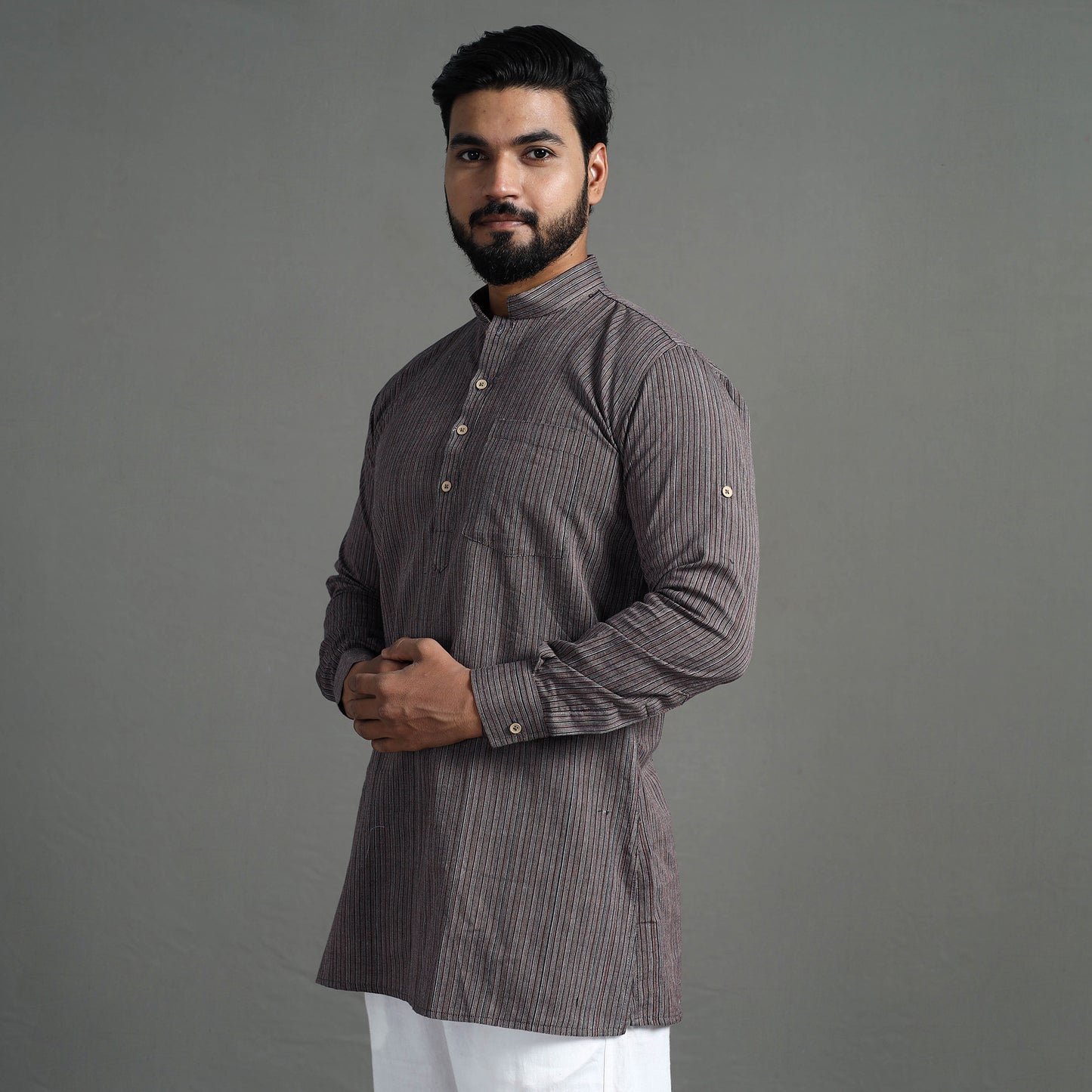 Brown - Handloom Cotton Stripe Men Short Kurta