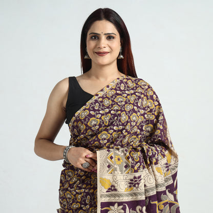 Purple - Kalamkari Printed Cotton Saree with Blouse Piece 35