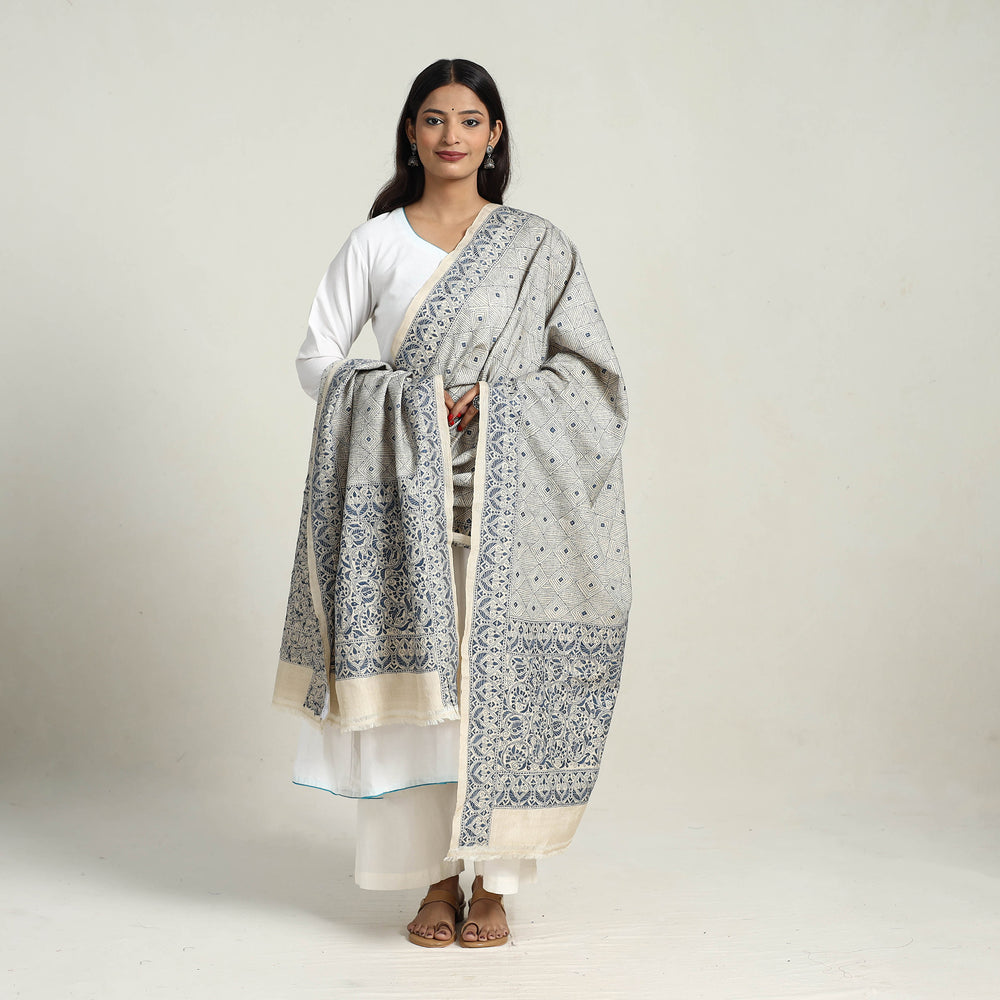 Grey - Handloom Tussar Silk Bengal Kantha Embroidery Dupatta 37