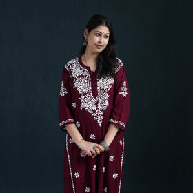 Maroon - Hand Embroidered Rayon Chikankari Kurta with Pant Set for Women 09