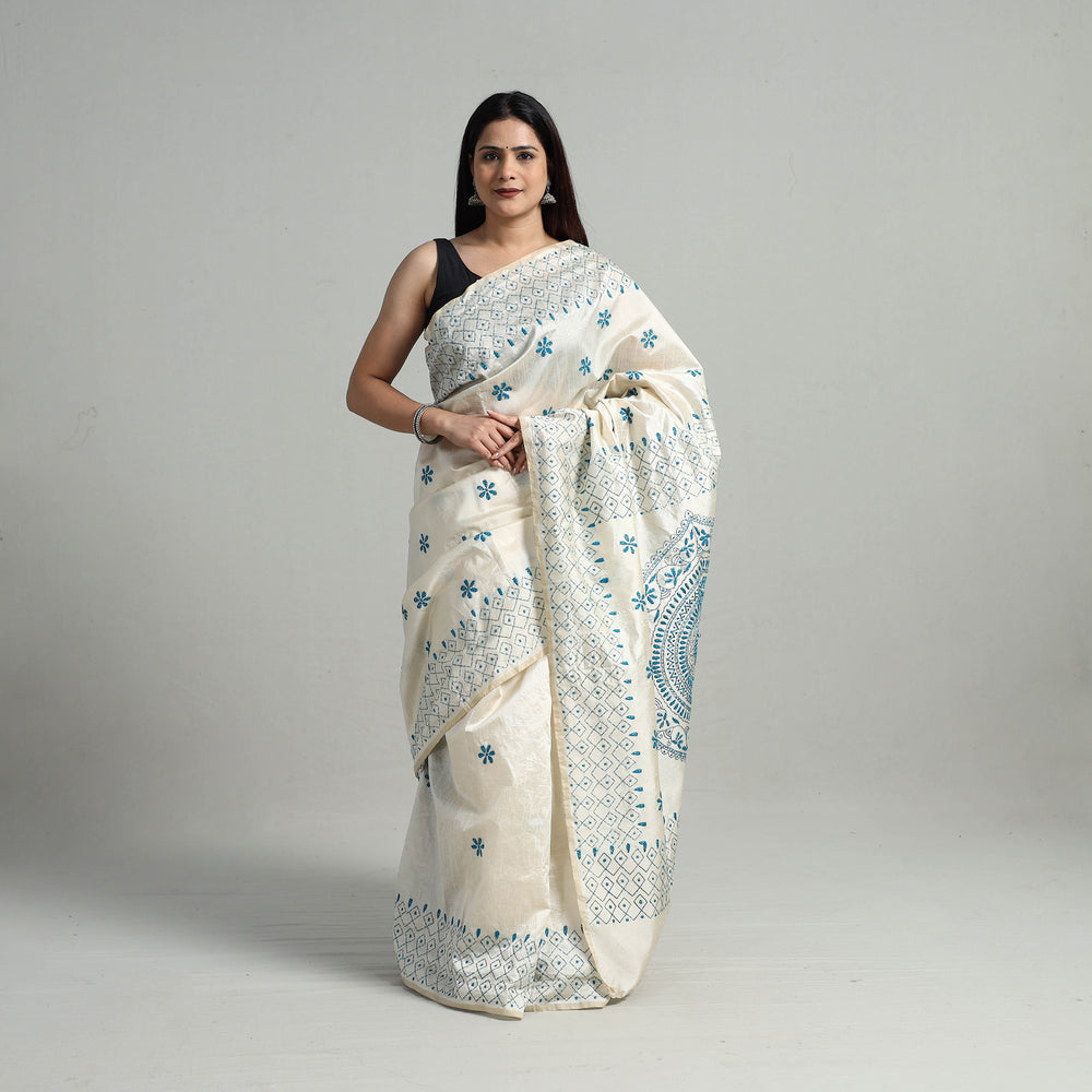 White - Handcrafted Bengal Nakshi Kantha Work Silk Saree 03