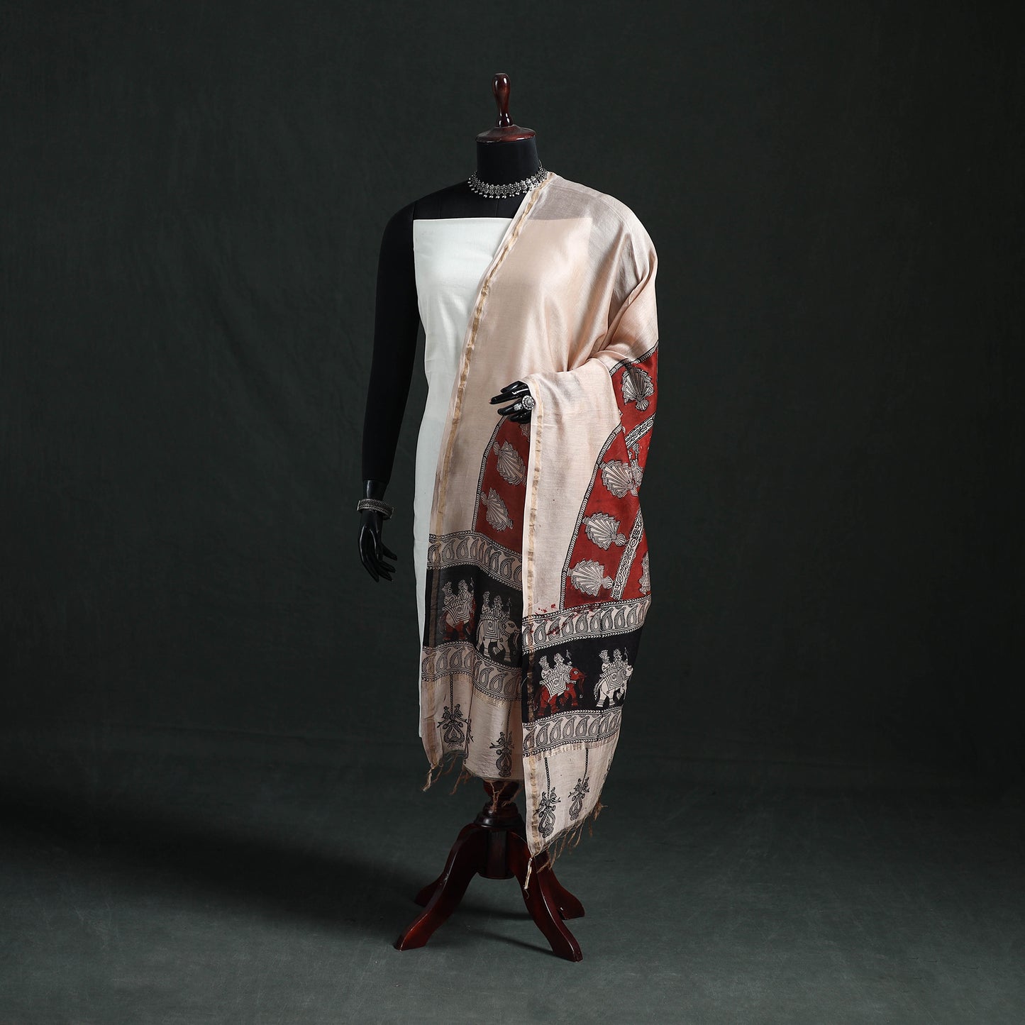 Multicolor - Mata Ni Pachedi Handpainted Natural Dyed Chanderi Silk Handloom Dupatta 14