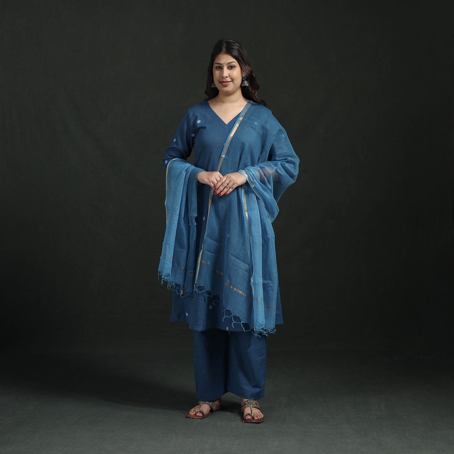 Plain Slub Cotton Hand Embroidered Suit Set with Dupatta for women 09