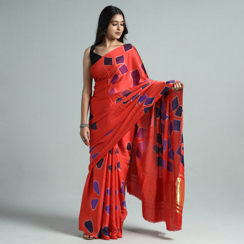 Red - Shibori Clamp Dyed Modal Silk Saree with Zari Border 03