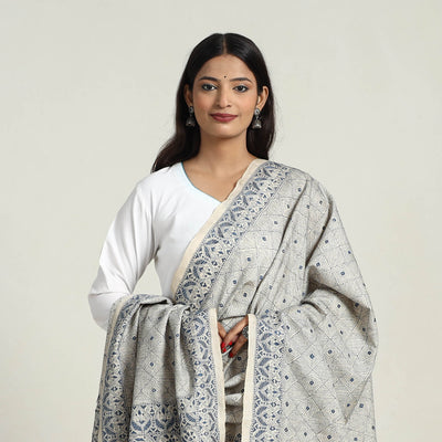 Grey - Handloom Tussar Silk Bengal Kantha Embroidery Dupatta 37