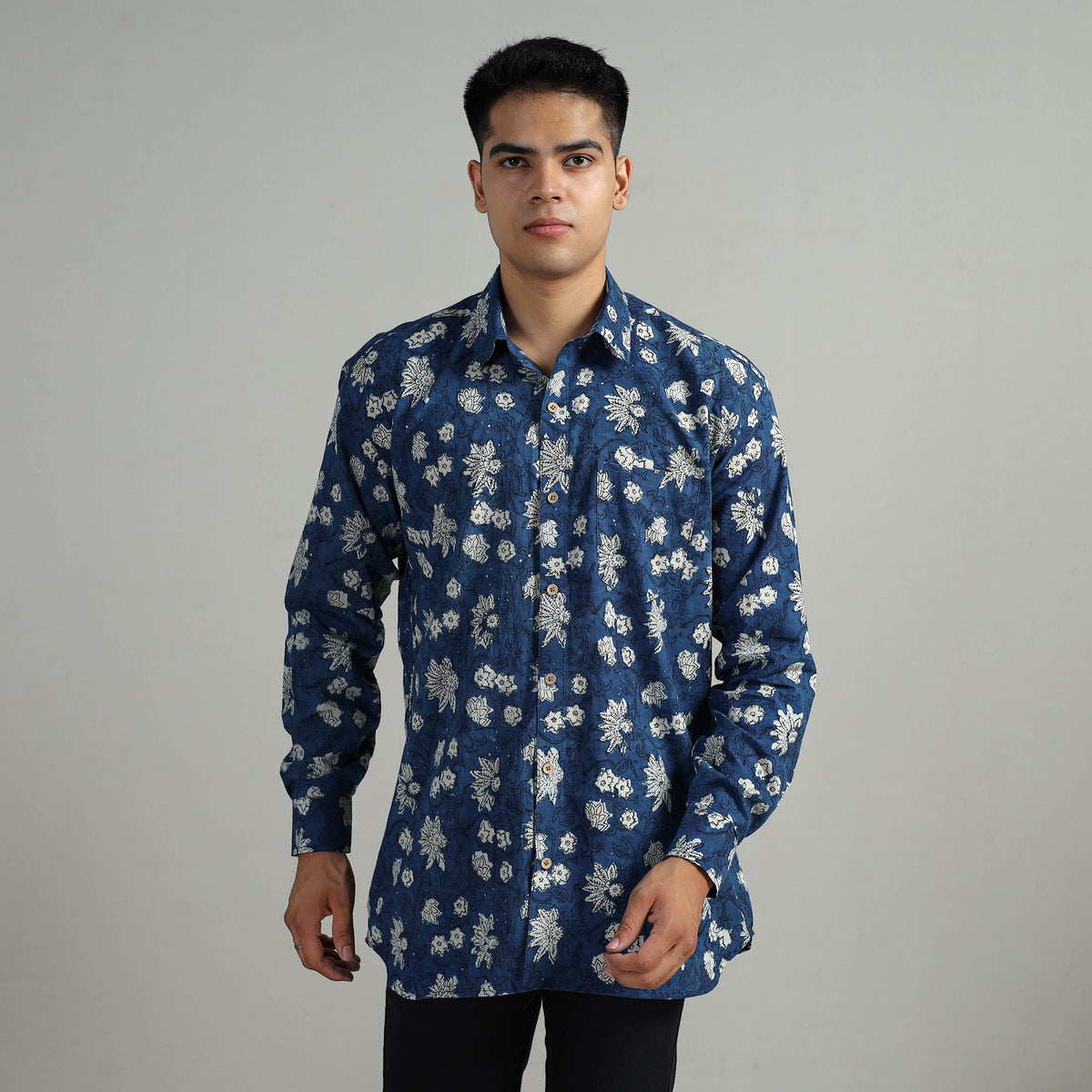 Blue - Indigo Block Printed Cotton Men Full Sleeve Shirt 14