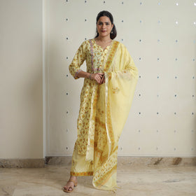 Yellow - sanganeri cotton kurta suit set 17 - handcrafted