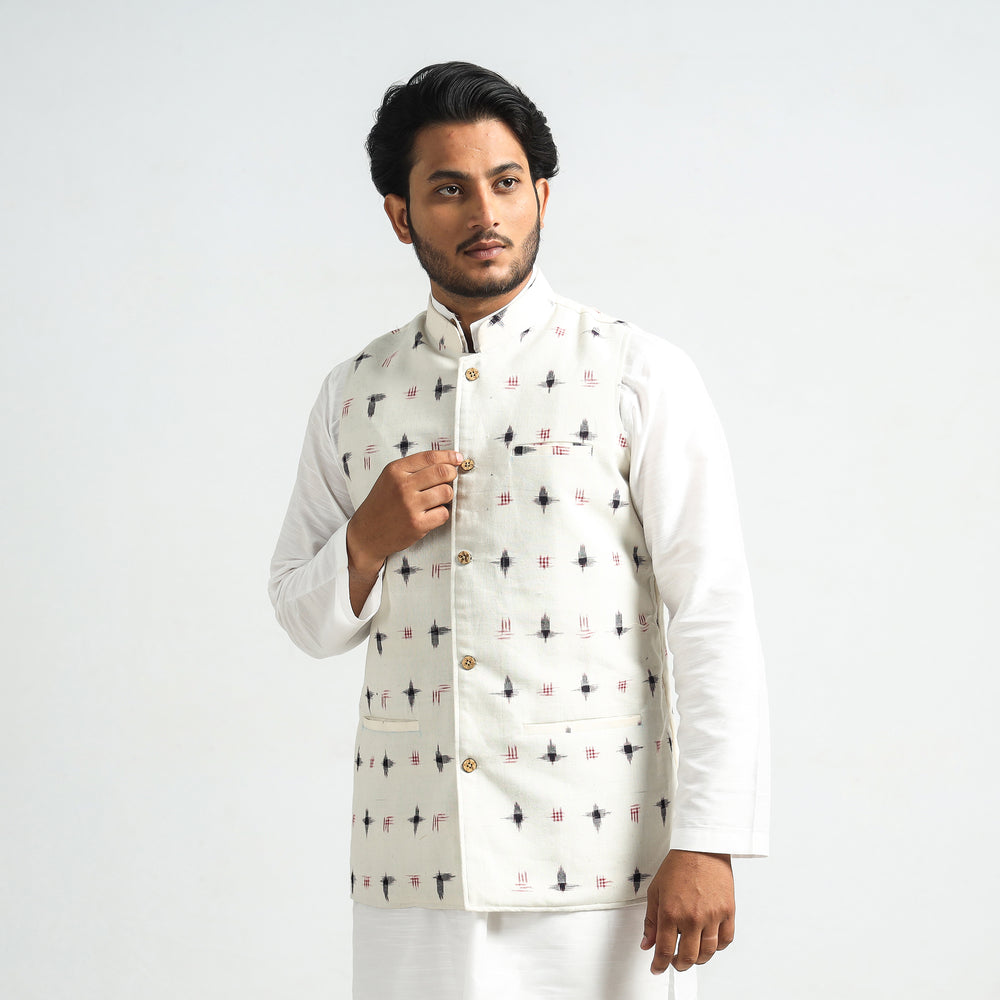 White - Pochampally Double Ikat Handloom Cotton Men Nehru Jacket