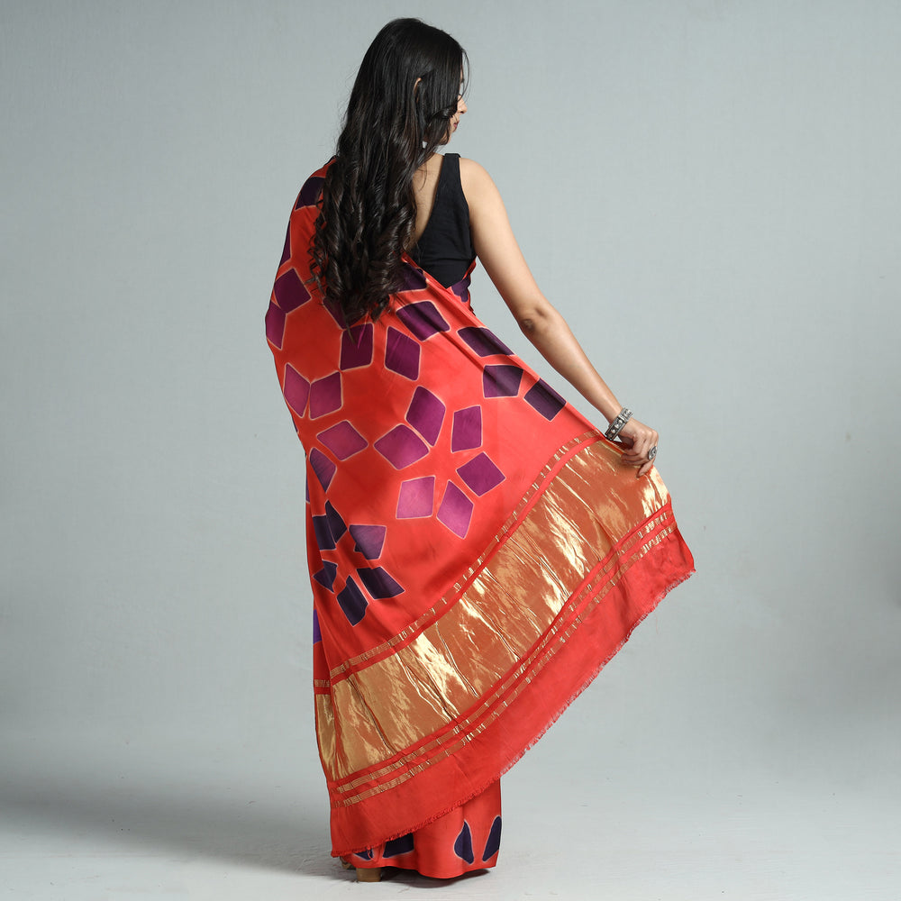 Red - Shibori Clamp Dyed Modal Silk Saree with Zari Border 03