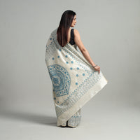 White - Handcrafted Bengal Nakshi Kantha Work Silk Saree 03