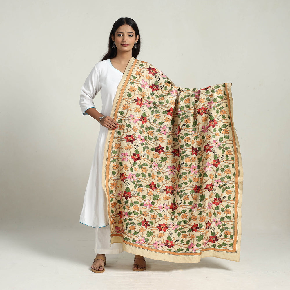 Multicolor - Pure Silk Bengal Kantha Embroidery Dupatta 19