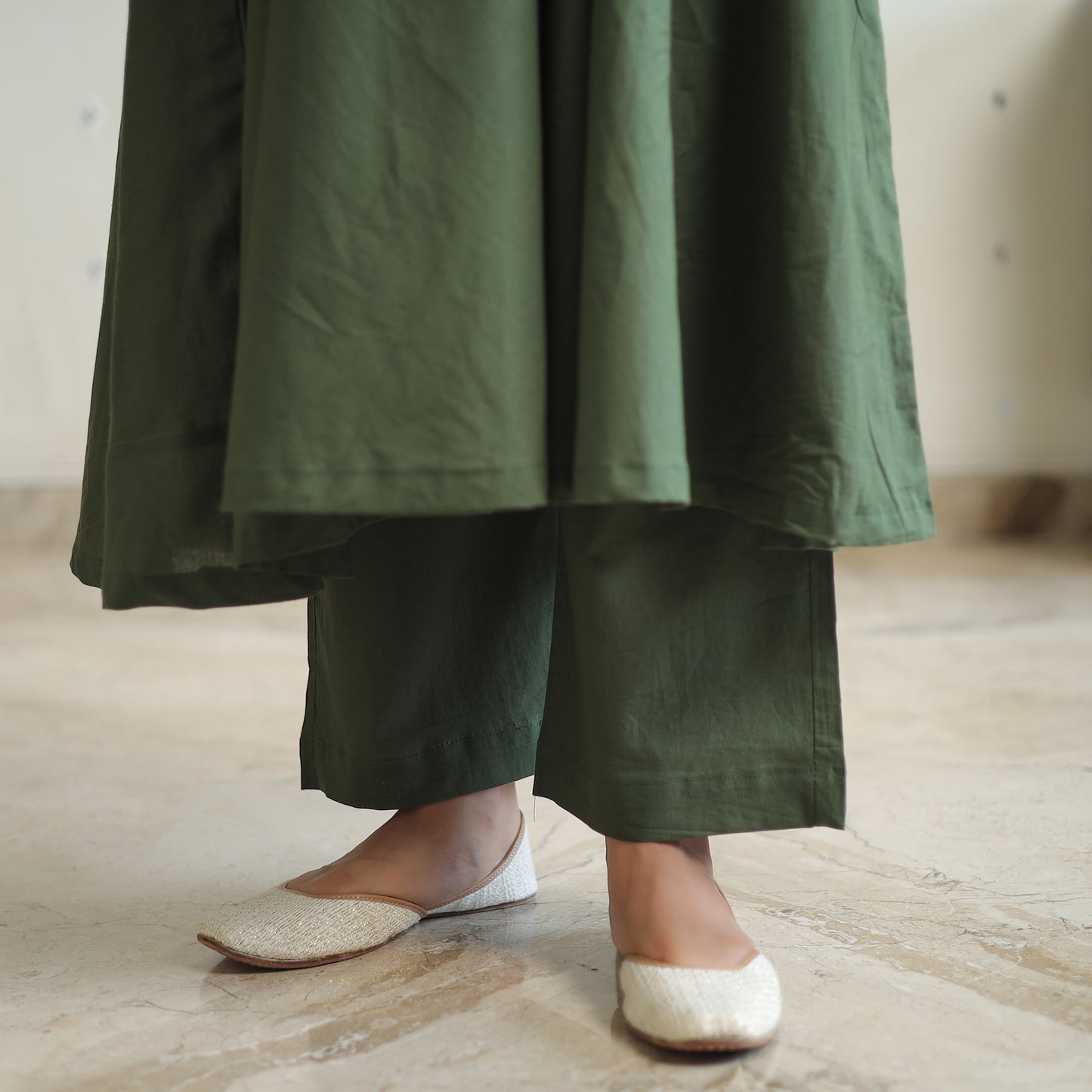 Yashasmini Green Cotton Flared Kurta with Palazzo & Dupatta Set