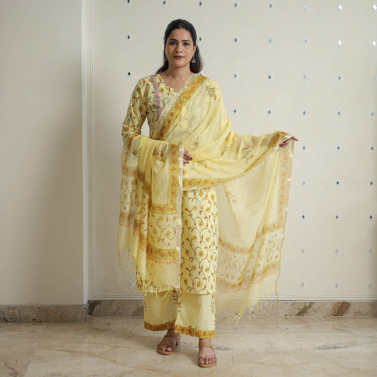 Yellow - Sanganeri Block Print Cotton Kurta Suit Set 17