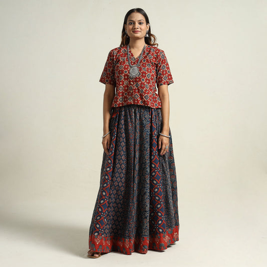 Blue - Ajrakh Block Printed 24 Kali Patchwork Cotton Long Skirt 02