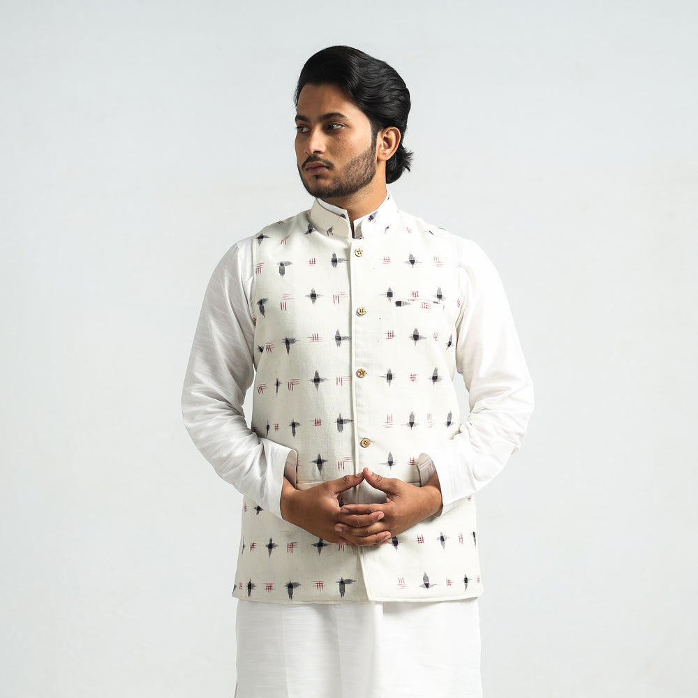 White - Pochampally Double Ikat Handloom Cotton Men Nehru Jacket