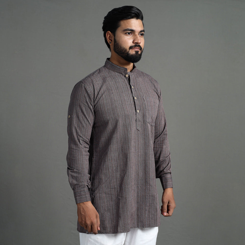 Brown - Handloom Cotton Stripe Men Short Kurta