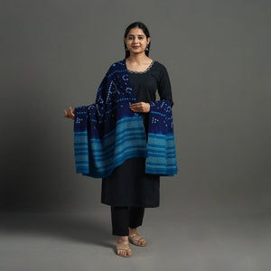 Blue - Mirror Work Handwoven Bagida Bandhani Wool Shawl 13