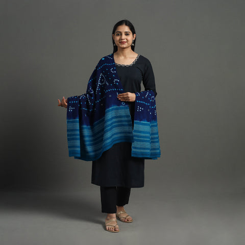 Blue - Mirror Work Handwoven Bagida Bandhani Wool Shawl 13