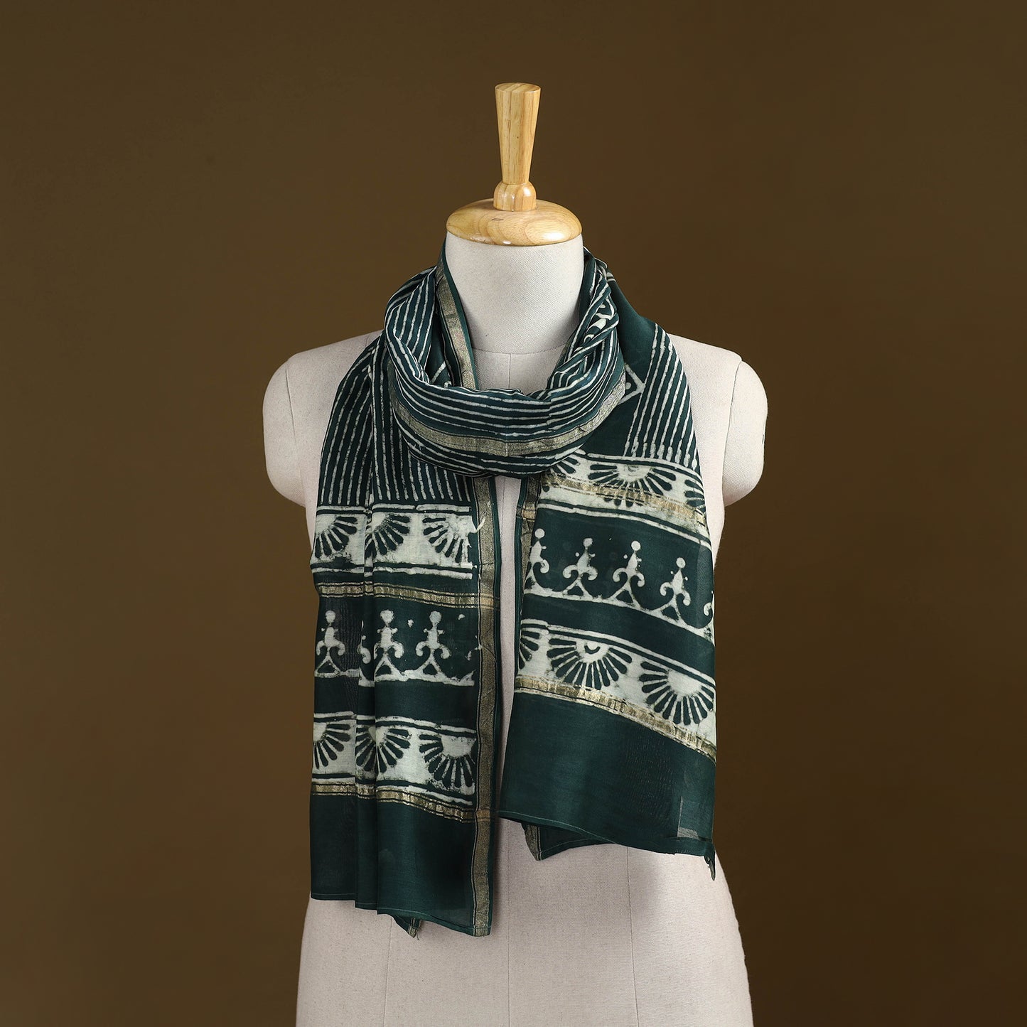 Green - Pipad Hand Block Print Natural Dyed Chanderi Silk Handloom Stole 62