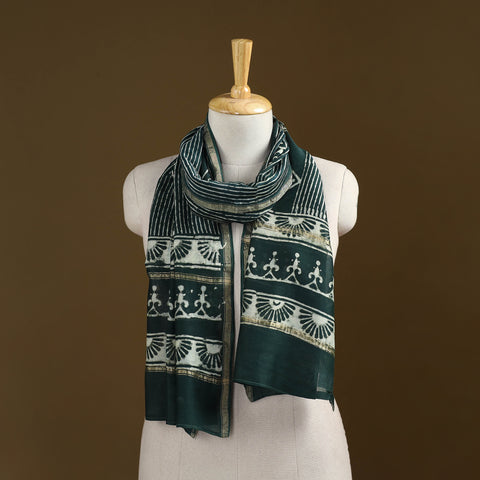 Green - Pipad Hand Block Print Natural Dyed Chanderi Silk Handloom Stole 62