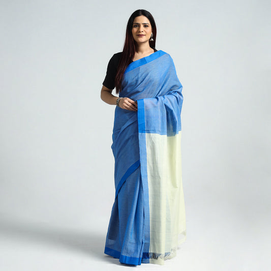 Blue - Traditional Challapalli Plain Handloom Cotton Saree