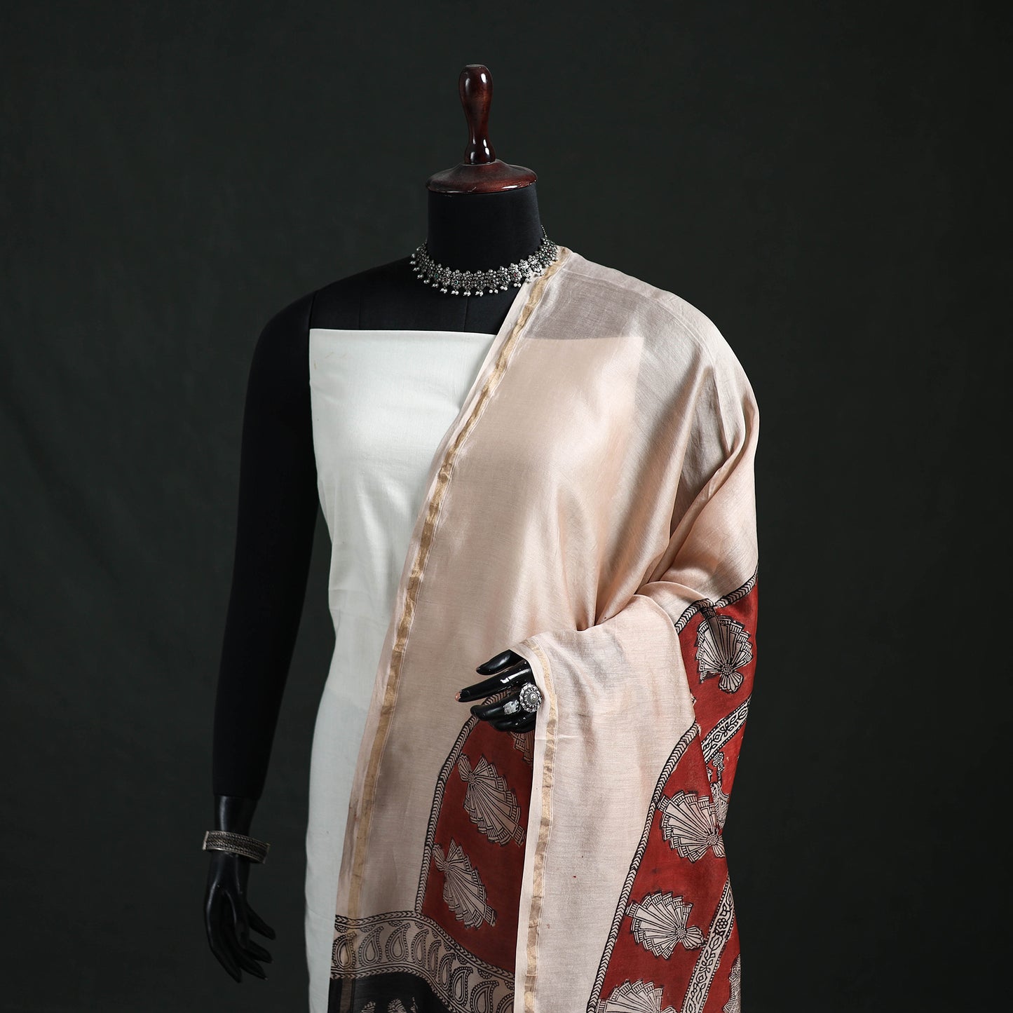 Multicolor - Mata Ni Pachedi Handpainted Natural Dyed Chanderi Silk Handloom Dupatta 14