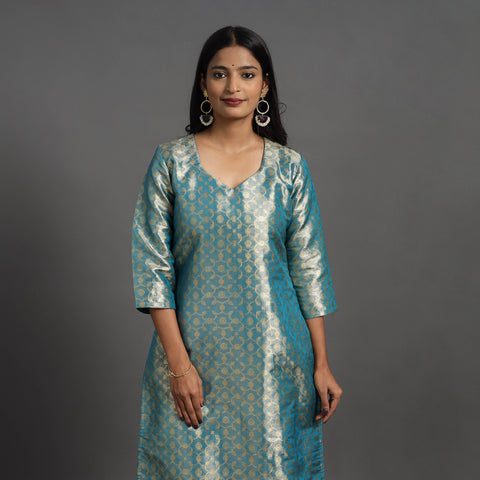 Blue - Cutwork Tissue Zari Jaal Banarasi Silk Kurta 06