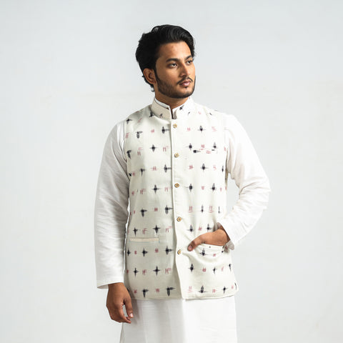 White - Pochampally Double Ikat Handloom Cotton Men Nehru Jacket