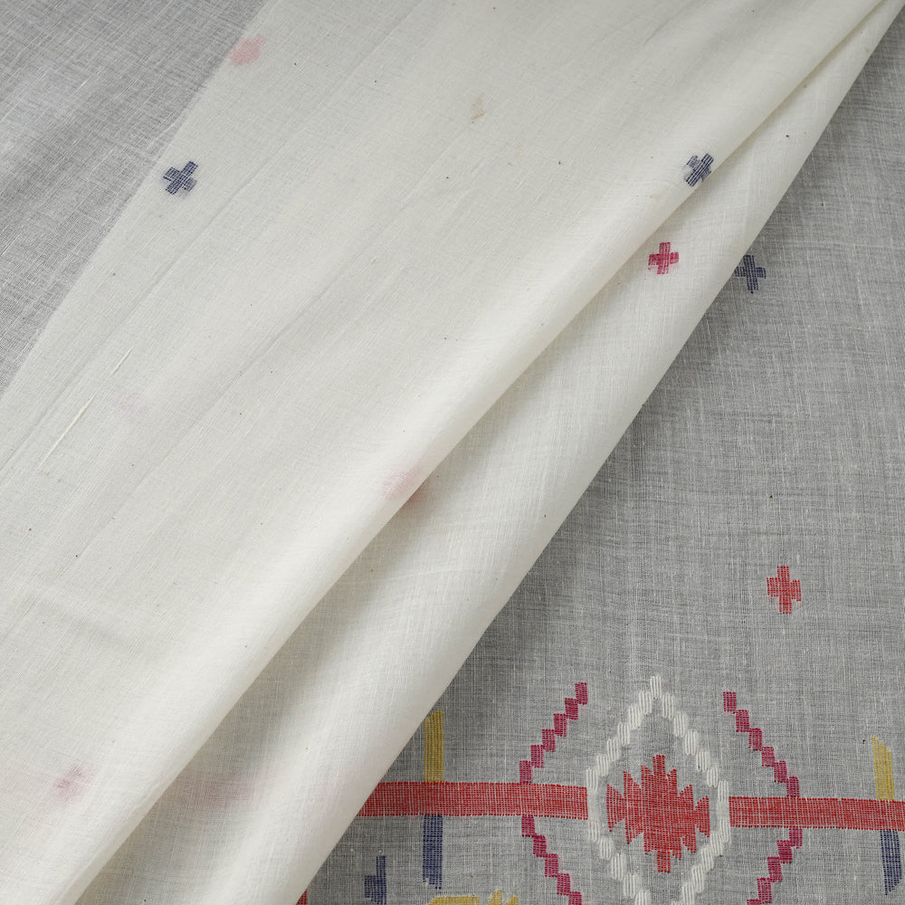 White - Pure Handloom Cotton Bengal Jamdani Fabric 09