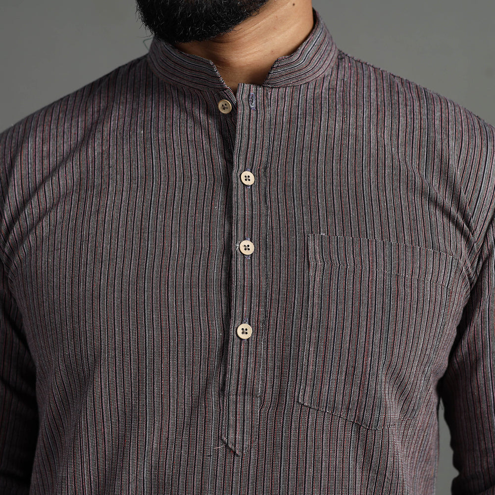 Brown - Handloom Cotton Stripe Men Short Kurta