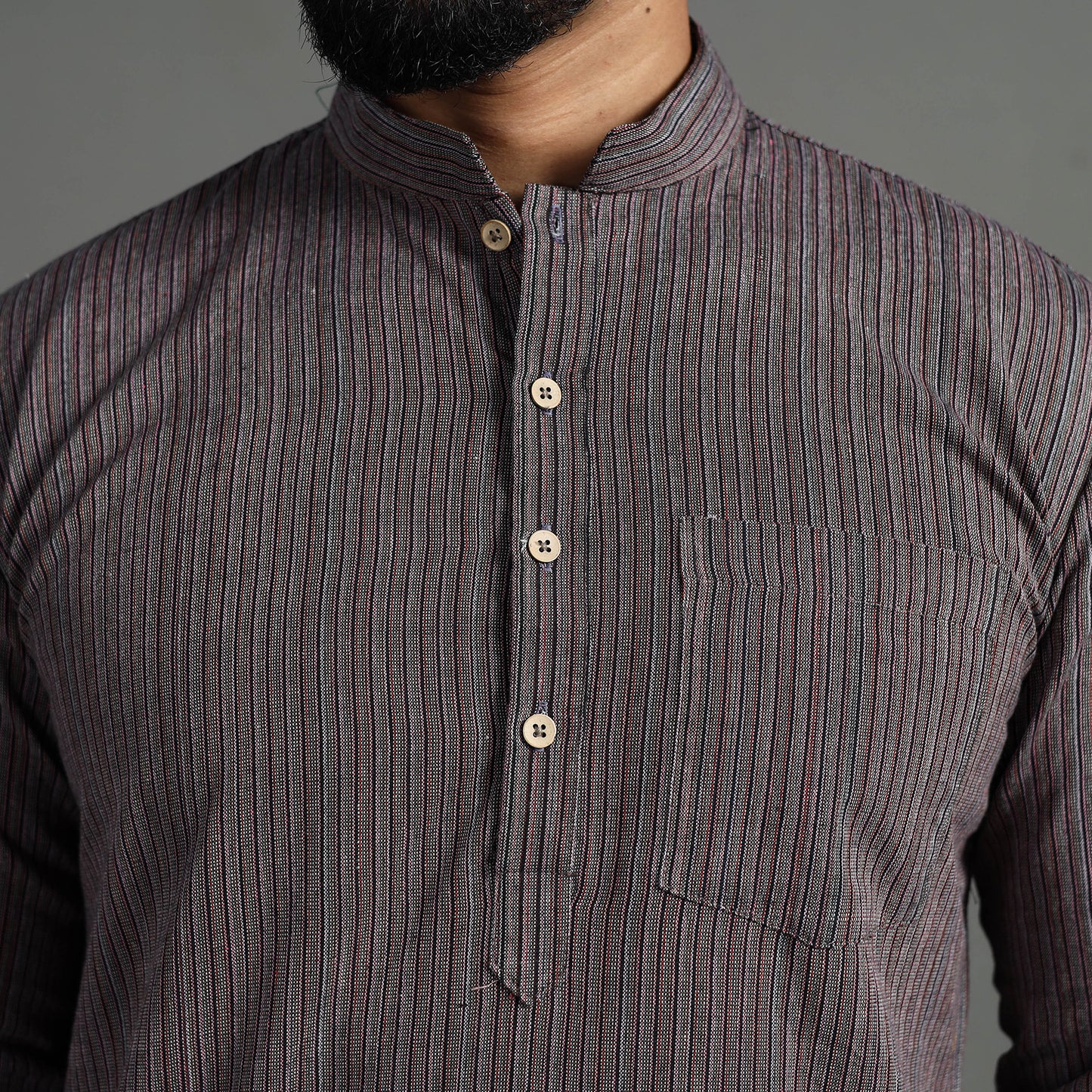 Brown - Handloom Cotton Stripe Men Short Kurta