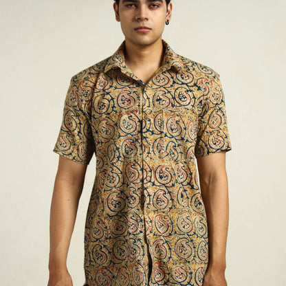 Yellow - Kalamkari Block Printed Cotton Men Half Sleeve Shirt 07