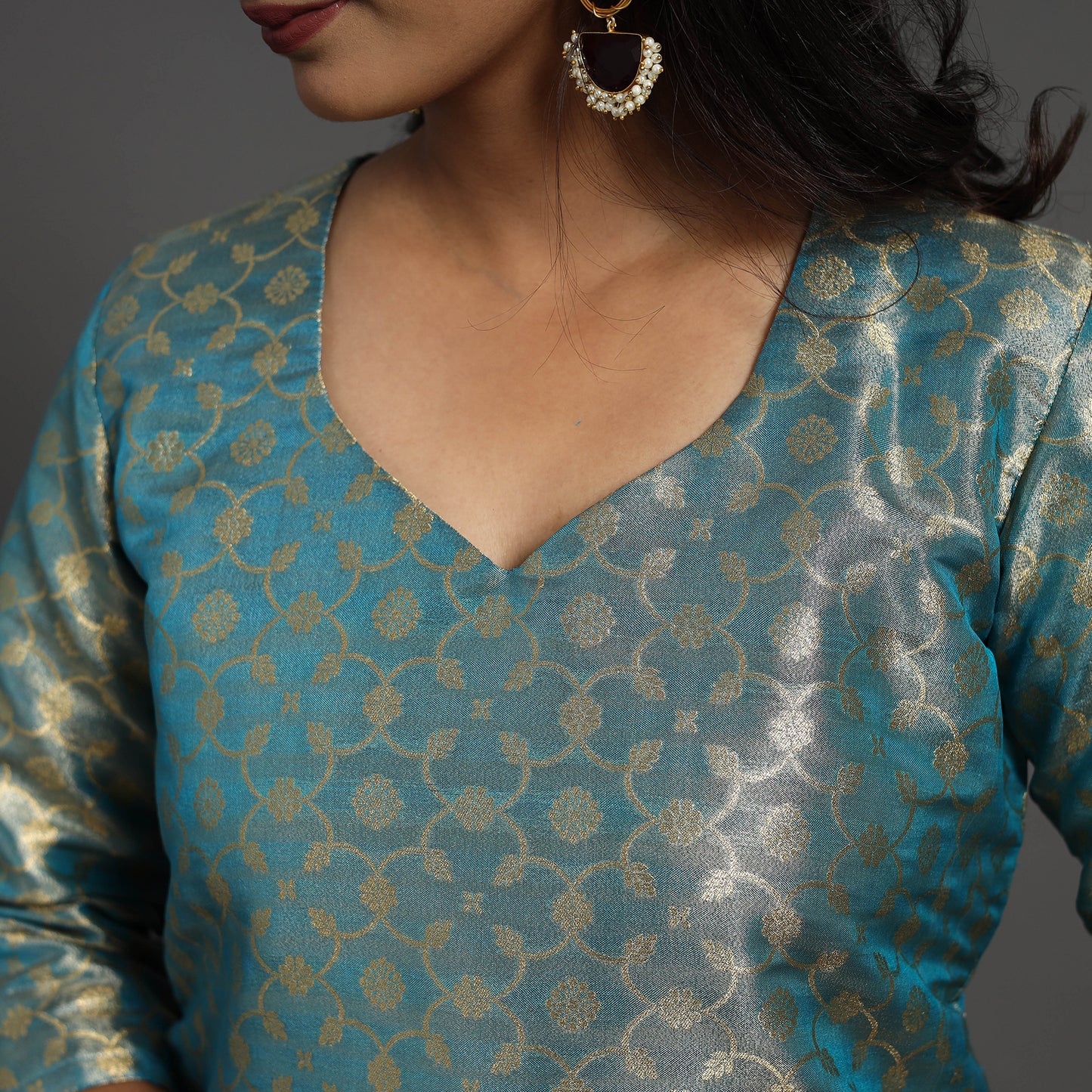 Blue - Cutwork Tissue Zari Jaal Banarasi Silk Kurta 06