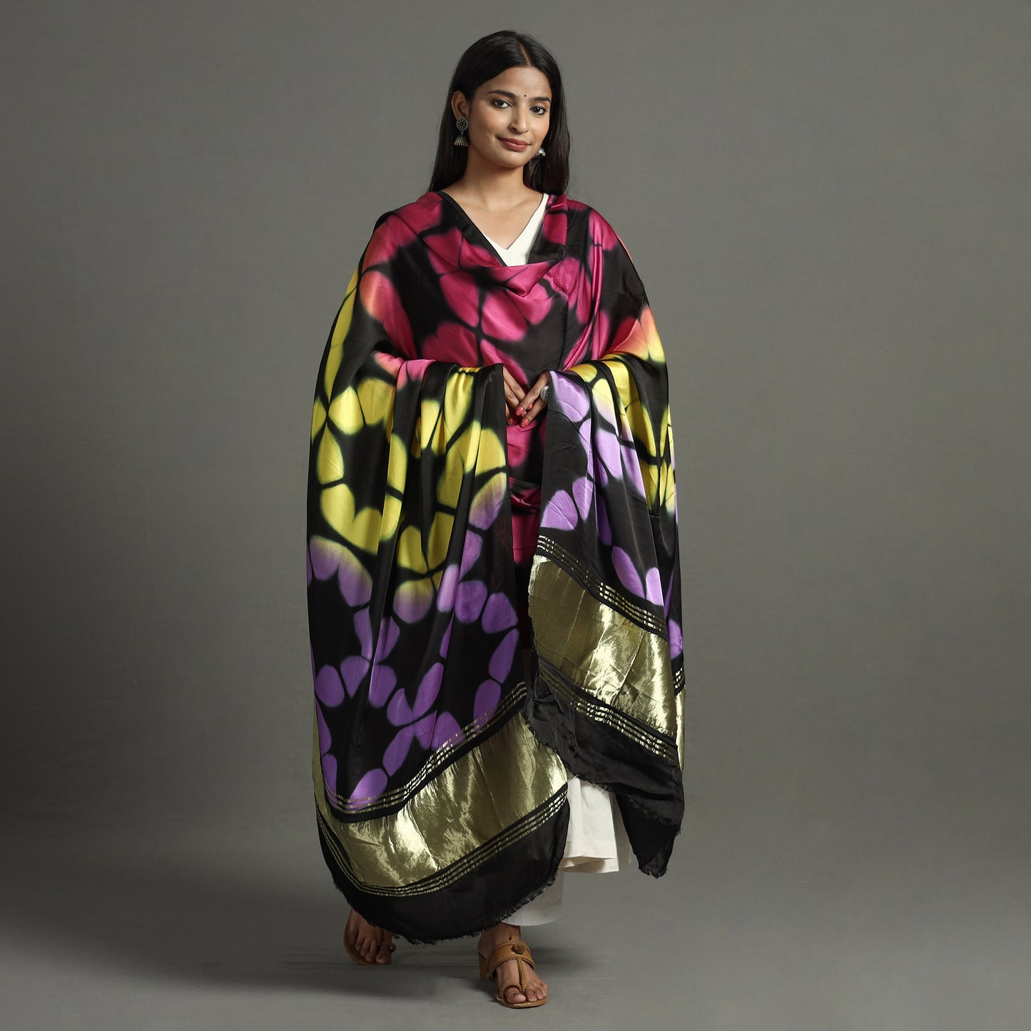 Multicolor - Shibori Clamp Dyed Modal Silk Dupatta with Zari Border 14