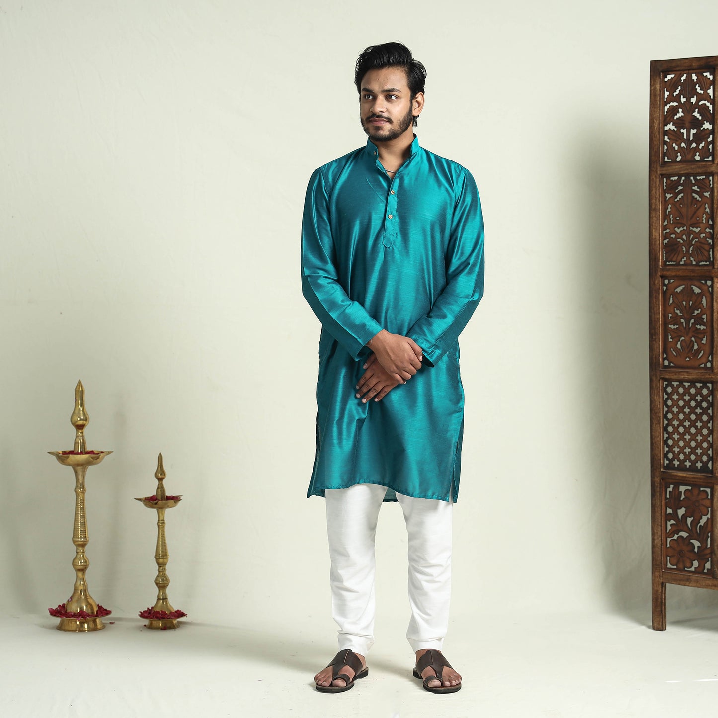 Blue - Plain Dyed Slub Silk Men Long Kurta