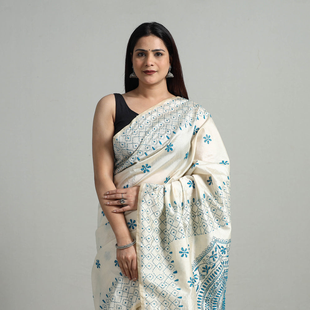 White - Handcrafted Bengal Nakshi Kantha Work Silk Saree 03