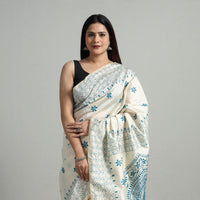 White - Handcrafted Bengal Nakshi Kantha Work Silk Saree 03