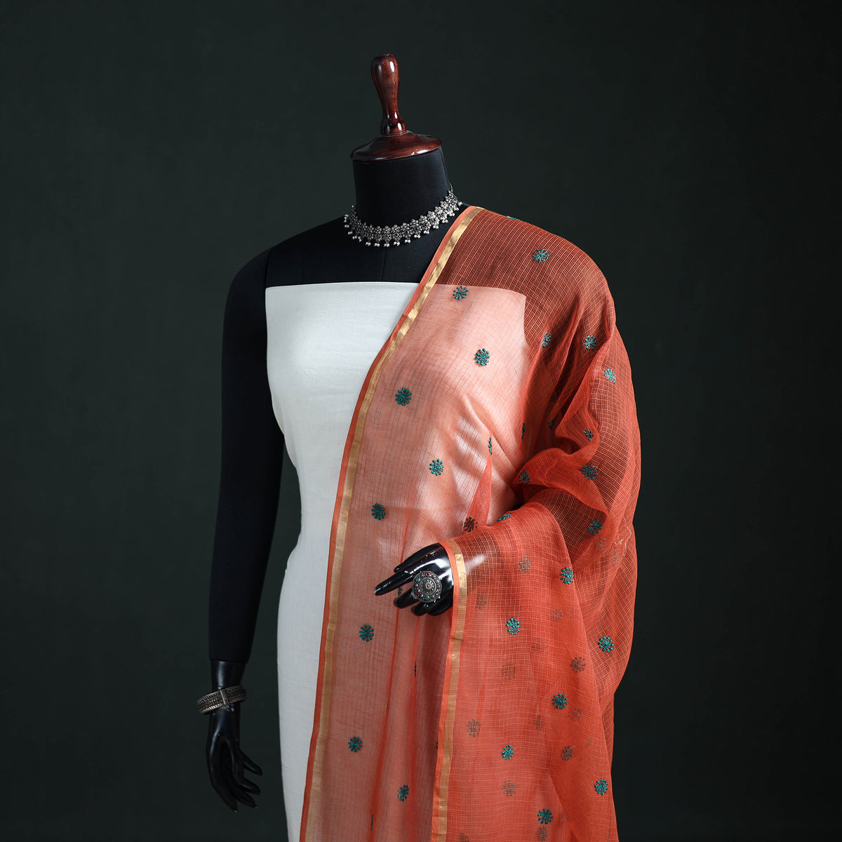 Kota Doria Cotton Embroidered Plain Dupatta 18